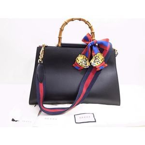 GUCCI Bamboo Nimfair Shoulder Bag Calf Black With Ribbon Scarf Tiger